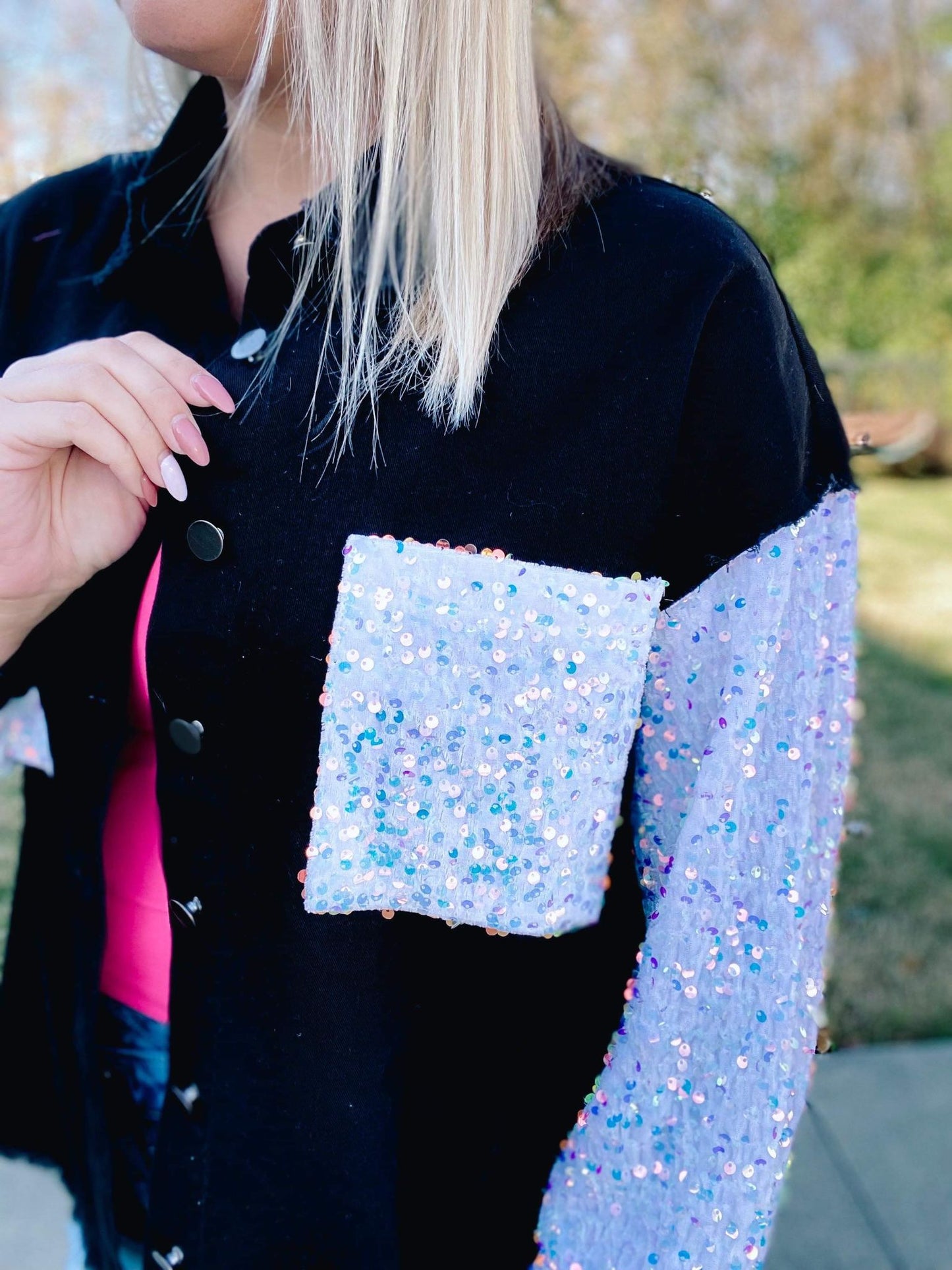 RTS: ARIA denim and Sequin Sleeve Shacket-